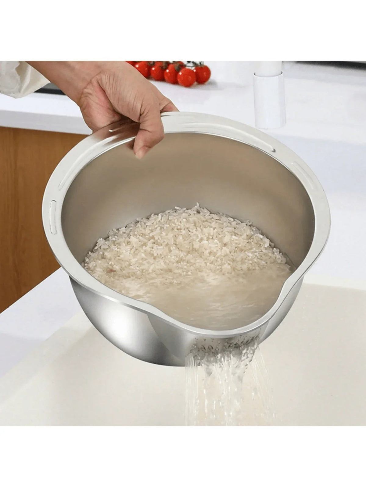 Stainless Steel Rice Washing Bowl with Drain Holes, 2-in-1 Vegetable Fruit Strainer Colander Basket for Kitchen Sink - Ammpell