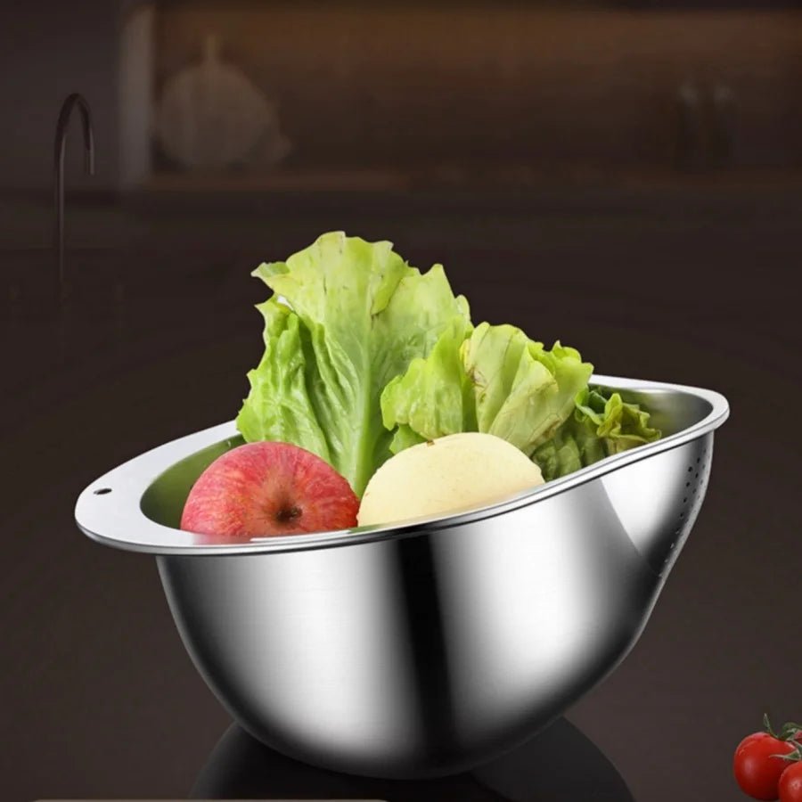 Stainless Steel Rice Washing Bowl with Drain Holes, 2-in-1 Vegetable Fruit Strainer Colander Basket for Kitchen Sink - Ammpell