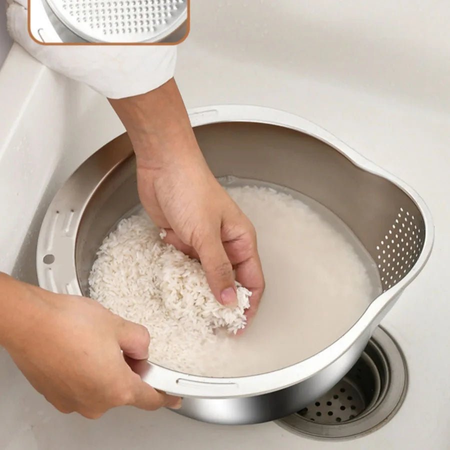 Stainless Steel Rice Washing Bowl with Drain Holes, 2-in-1 Vegetable Fruit Strainer Colander Basket for Kitchen Sink - Ammpell