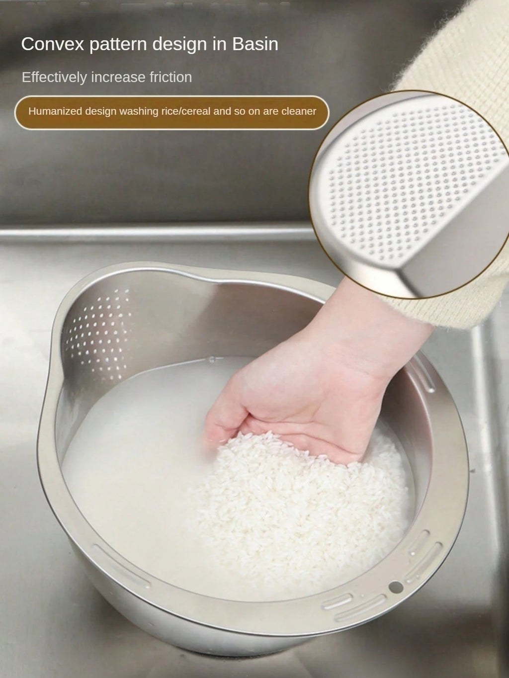 Stainless Steel Rice Washing Bowl with Drain Holes, 2-in-1 Vegetable Fruit Strainer Colander Basket for Kitchen Sink - Ammpell