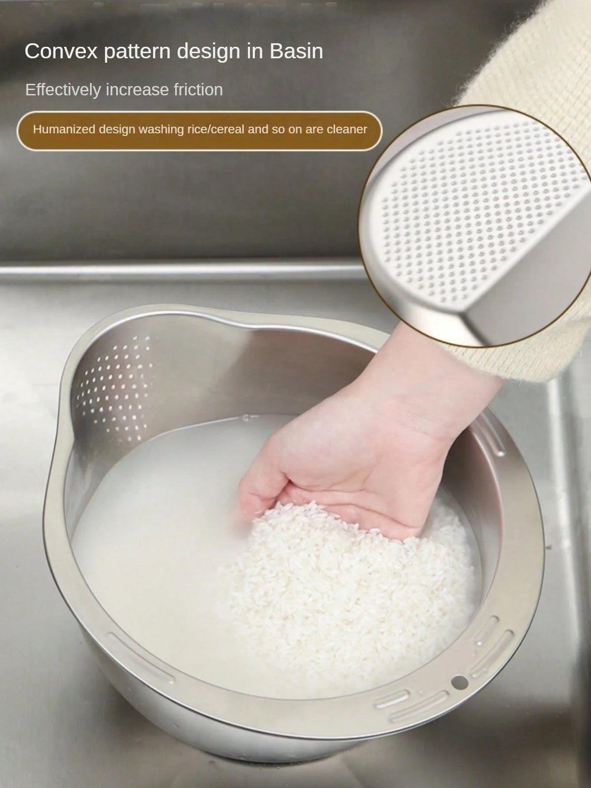 Stainless Steel Rice Washing Bowl with Drain Holes, 2-in-1 Vegetable Fruit Strainer Colander Basket for Kitchen Sink - Ammpell