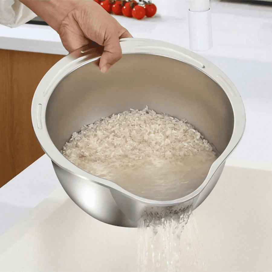 Stainless Steel Rice Washing Bowl with Drain Holes, 2-in-1 Vegetable Fruit Strainer Colander Basket for Kitchen Sink - Ammpell
