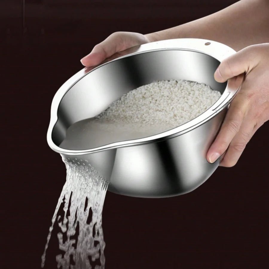 Stainless Steel Rice Washing Bowl with Drain Holes, 2-in-1 Vegetable Fruit Strainer Colander Basket for Kitchen Sink - Ammpell