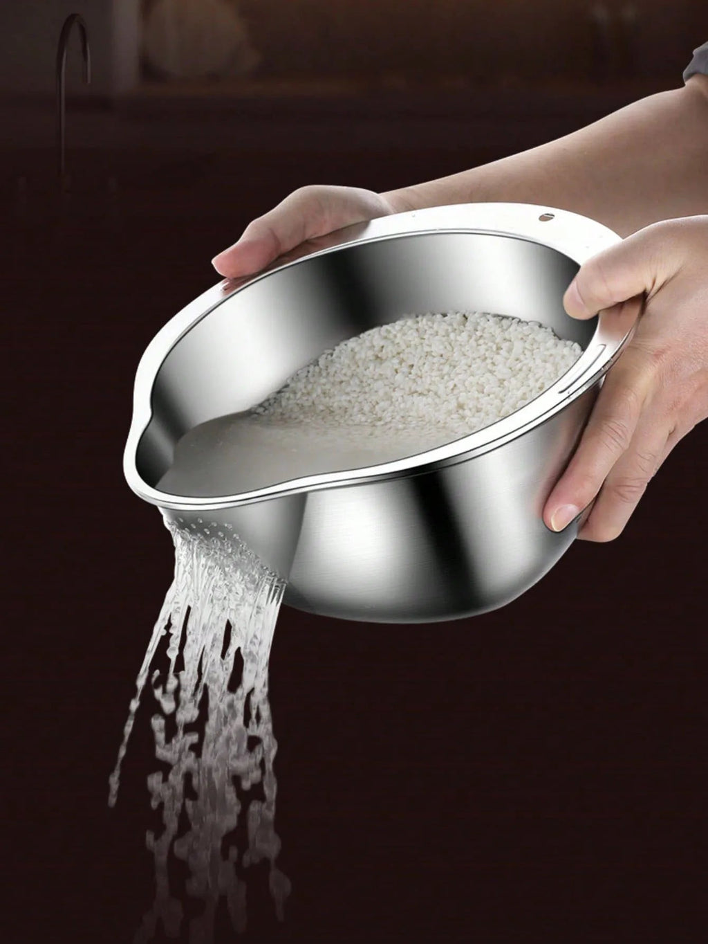 Stainless Steel Rice Washing Bowl with Drain Holes, 2-in-1 Vegetable Fruit Strainer Colander Basket for Kitchen Sink - Ammpell