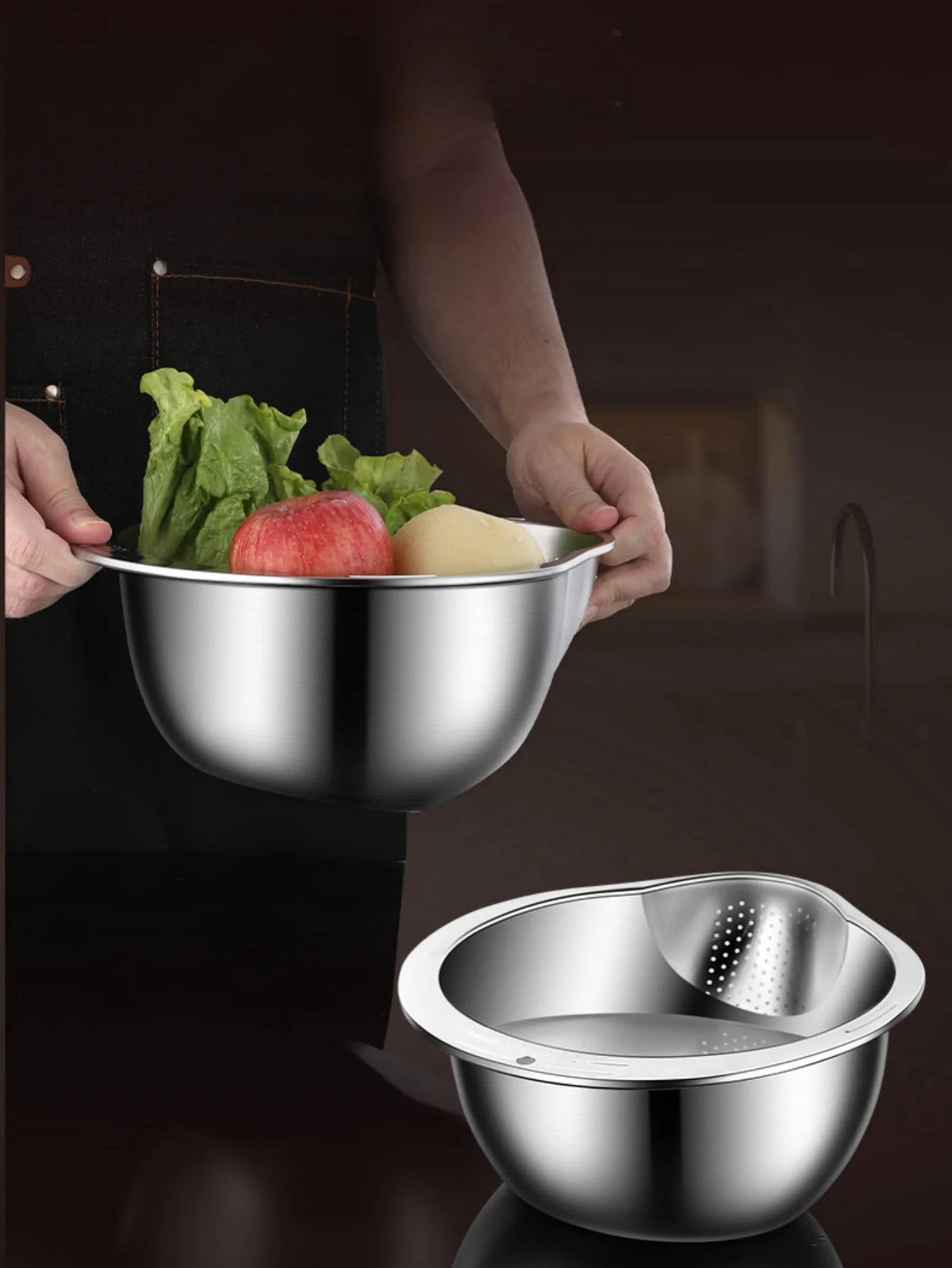 Stainless Steel Rice Washing Bowl with Drain Holes, 2-in-1 Vegetable Fruit Strainer Colander Basket for Kitchen Sink - Ammpell