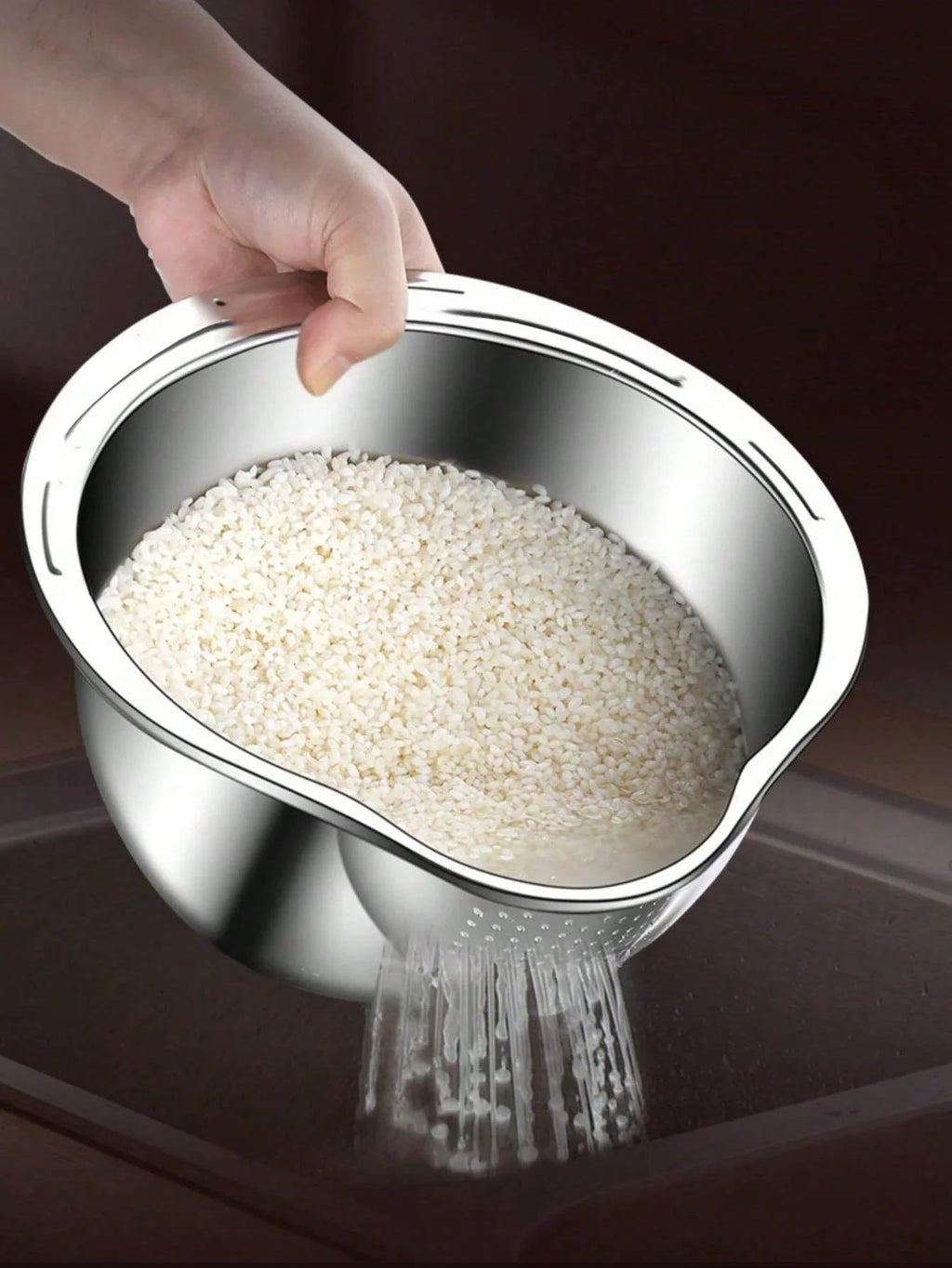 Stainless Steel Rice Washing Bowl with Drain Holes, 2-in-1 Vegetable Fruit Strainer Colander Basket for Kitchen Sink - Ammpell