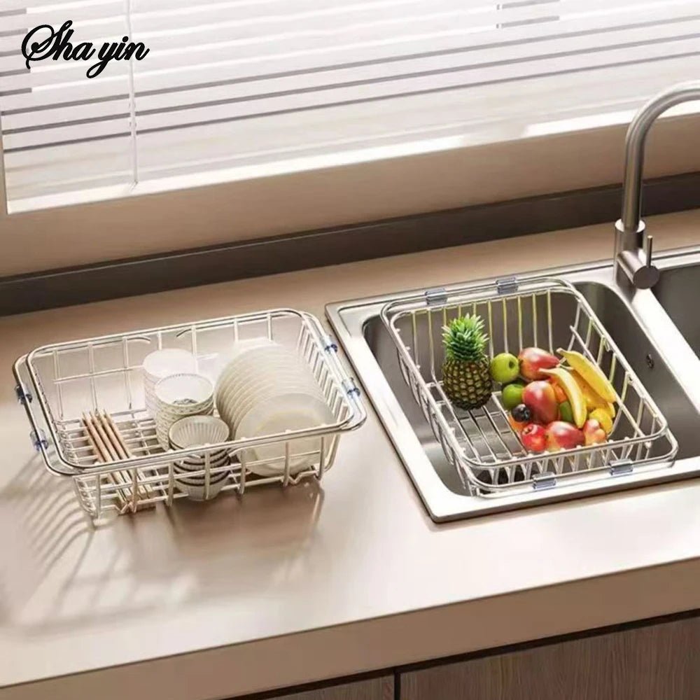 Stainless Steel Telescopic Sink Drain Rack Non-Slip Dish Drying Kitchen Bathroom Countertop Organizer Rack for Household Use - Ammpell