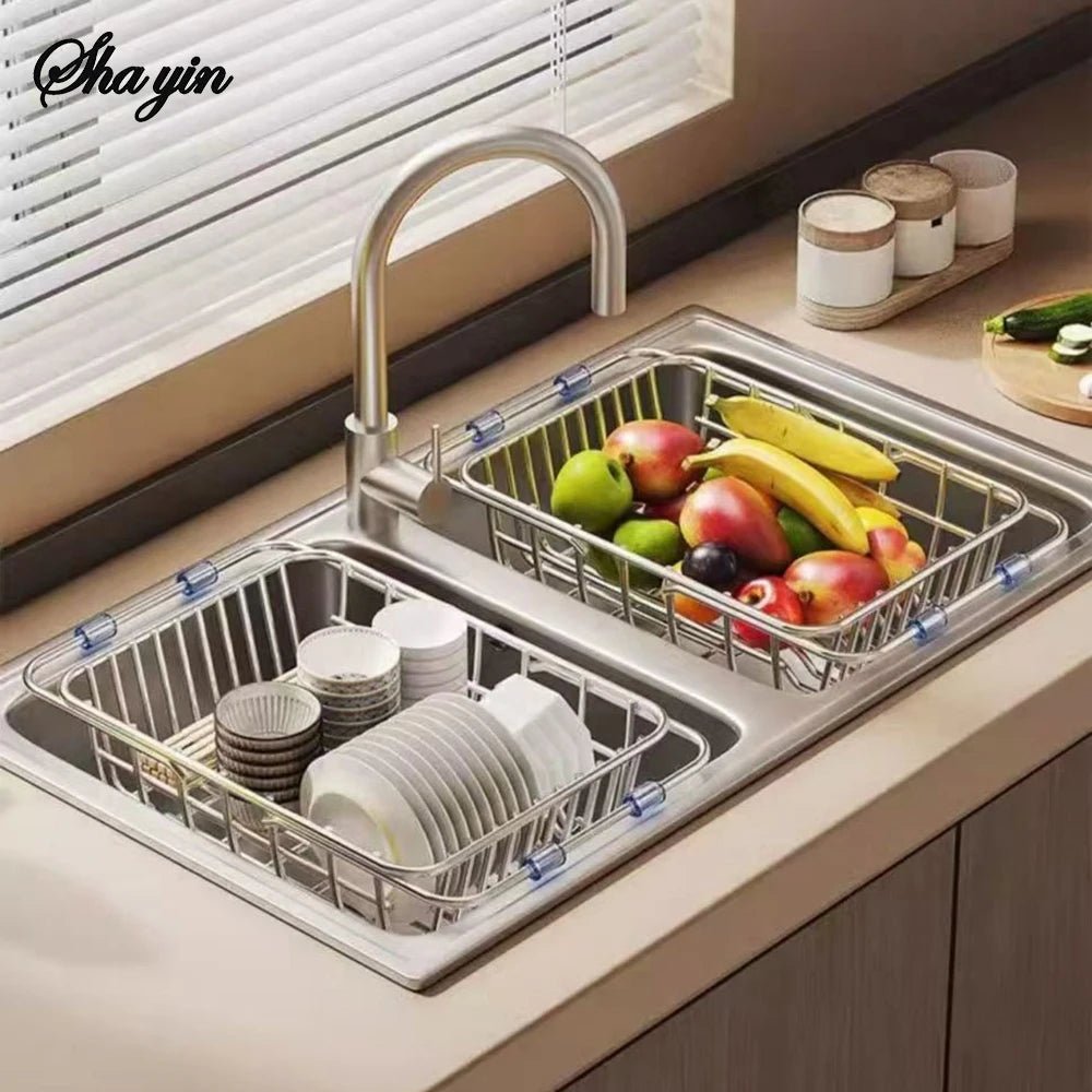 Stainless Steel Telescopic Sink Drain Rack Non-Slip Dish Drying Kitchen Bathroom Countertop Organizer Rack for Household Use - Ammpell