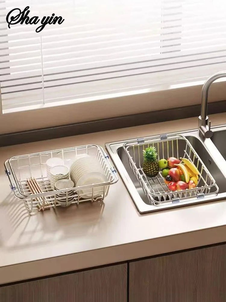 Stainless Steel Telescopic Sink Drain Rack Non-Slip Dish Drying Kitchen Bathroom Countertop Organizer Rack for Household Use - Ammpell