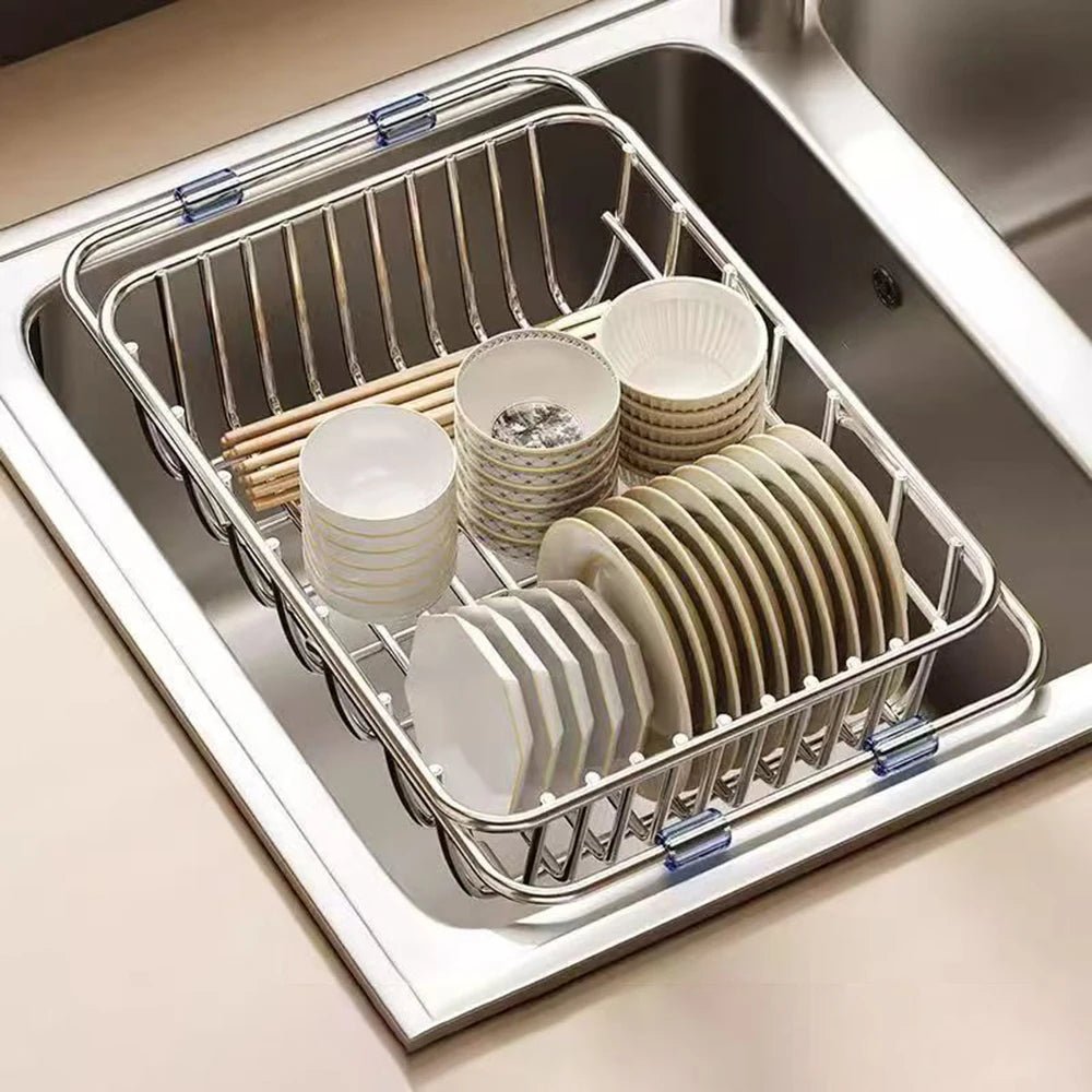 Stainless Steel Telescopic Sink Drain Rack Non-Slip Dish Drying Kitchen Bathroom Countertop Organizer Rack for Household Use - Ammpell