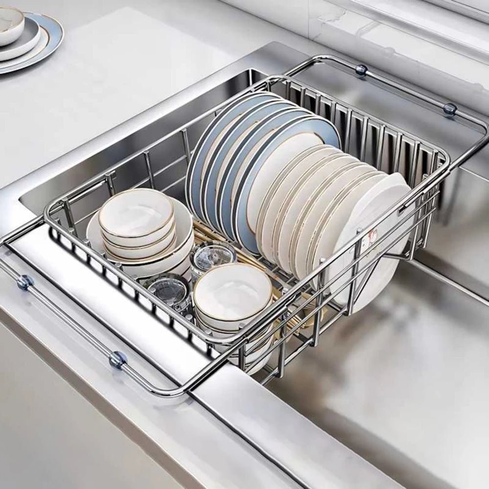 Stainless Steel Telescopic Sink Drain Rack Non-Slip Dish Drying Kitchen Bathroom Countertop Organizer Rack for Household Use - Ammpell