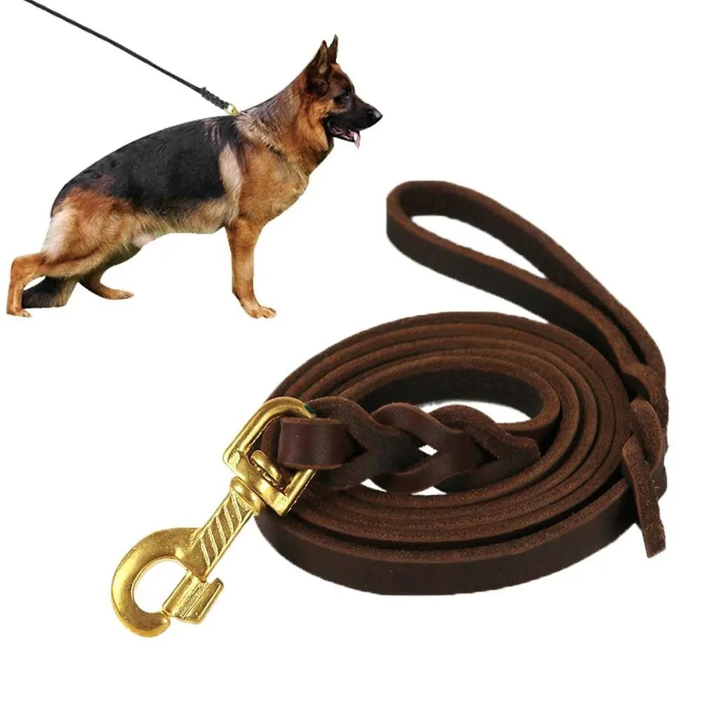 Training Walking With Copper Hook Leather Braided Dog Leash Brown Soft Dog Traction Rope Durable Long German Shepherd - Ammpell