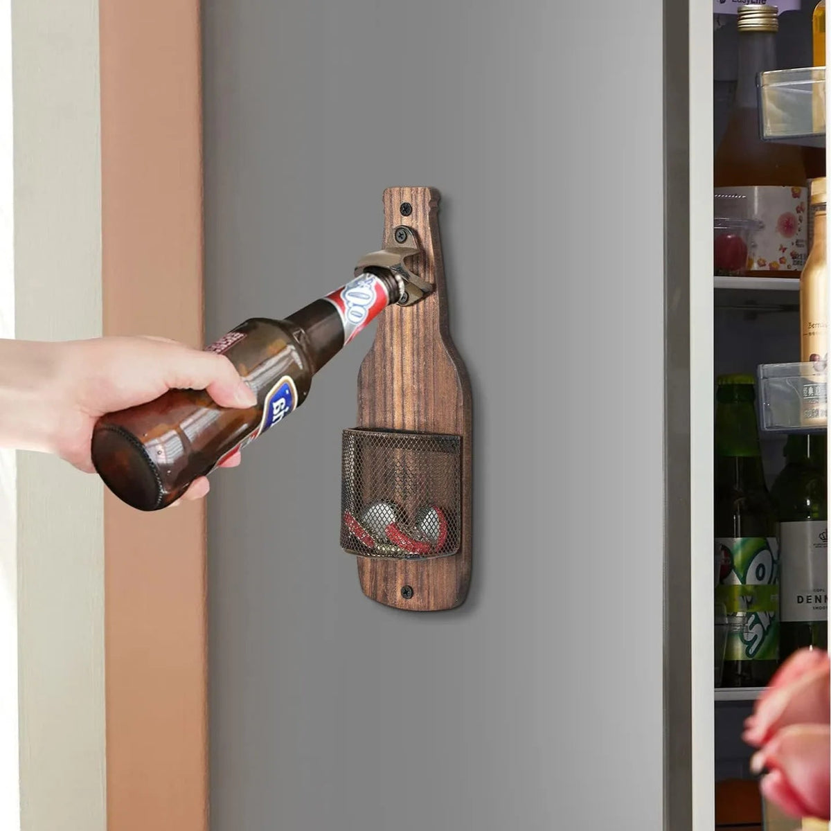 Wall-mounted bottle opener Creative beer screwdriver Kitchen bar decoration Wall-mounted bottle opener Bottle cap storage basket - Ammpell